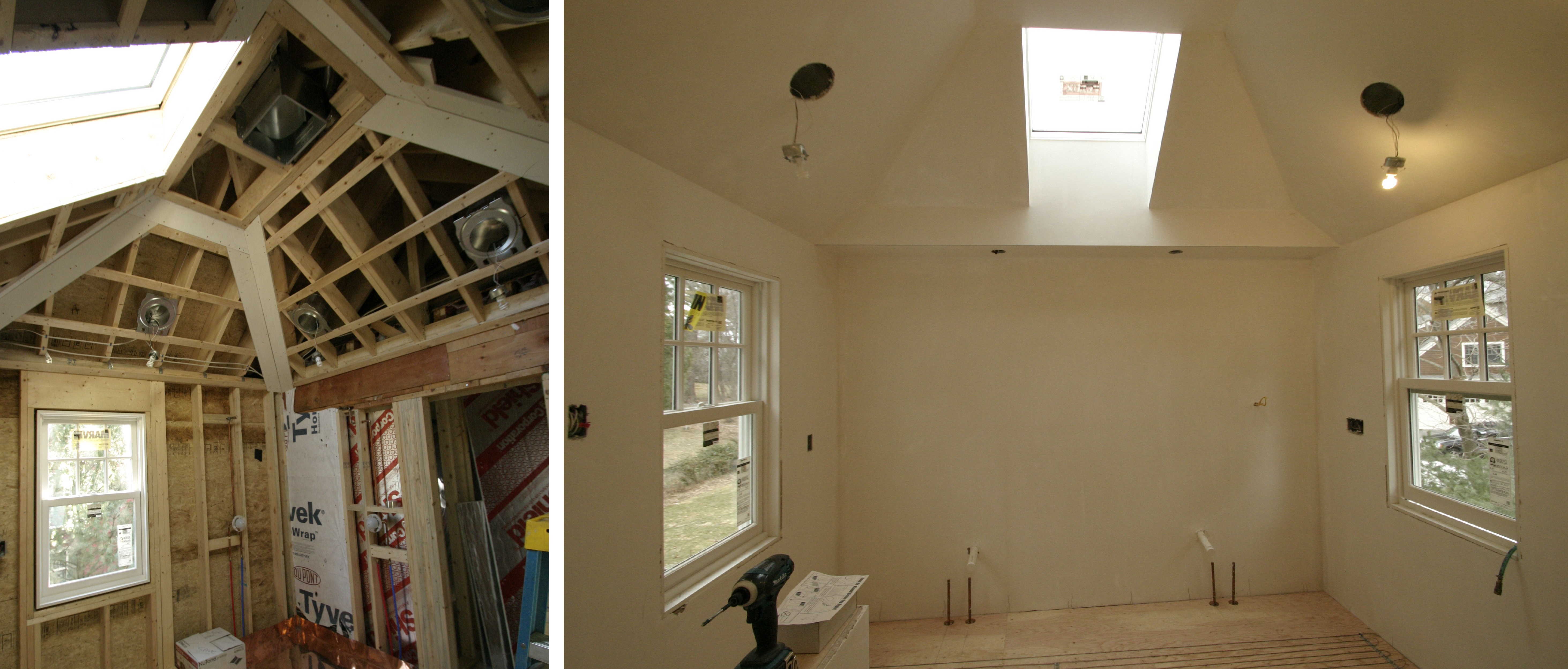 The open ceiling, skylight and windows make this relatively small space feel much larger.